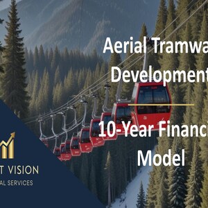Puede incluir: Un teleférico rojo con múltiples cabinas que viajan a través de un bosque de montaña nevado. El texto "Aerial Tramway Development 10-Year Financial Model" se muestra sobre el teleférico. El logotipo "Profit Vision Financial Services" está en la esquina inferior izquierda.