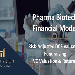 Puede incluir: Un científico con bata de laboratorio y guantes azules sostiene una placa de Petri con un líquido azul. El texto de la imagen dice "Pharma Biotech Financial Model", "Risk-Adjusted DCF Valuation", "Fundraising" y "VC Valuation & Returns".