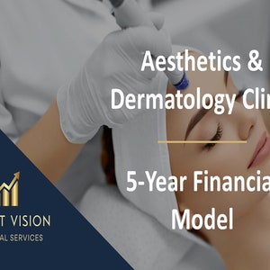 May include: A woman receives a facial treatment at an Aesthetics & Dermatology Clinic. The image includes the text "5-Year Financial Model" and a logo for Profit Vision Financial Services.