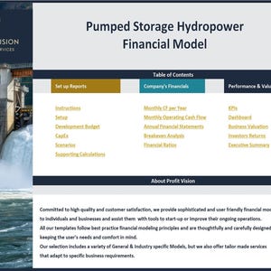 May include: A digital document titled "Pumped Storage Hydropower Financial Model" with a dam image. The document includes sections for setup, company financials, and performance metrics. The Profit Vision logo is in the upper left.