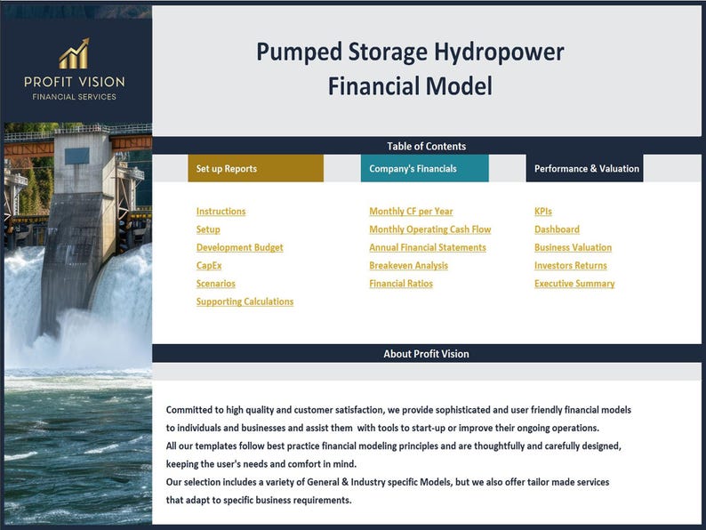 May include: A digital document titled "Pumped Storage Hydropower Financial Model" with a dam image. The document includes sections for setup, company financials, and performance metrics. The Profit Vision logo is in the upper left.