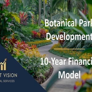 Könnte beinhalten: Ein gewundener Weg durch einen üppigen botanischen Garten mit lebendigem Grün und bunten Blumen. Der Text "Botanical Park Development 10-Year Financial Model" wird auf einem blauen Hintergrund mit einem goldenen Logo für Profit Vision Financial Services angezeigt.