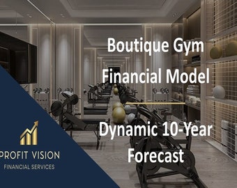 Op de afbeelding: Een modern boutique fitnesscentrum met een zwarte en zilveren hometrainer op de voorgrond. De tekst "Boutique Gym Financial Model Dynamic 10-Year Forecast" is op de muur te zien. De afbeelding is van Profit Vision Financial Services.