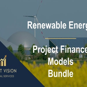Puede incluir: Un gráfico azul y dorado con el texto "PROFIT VISION FINANCIAL SERVICES" y una flecha apuntando hacia arriba. La imagen de fondo muestra un aerogenerador, paneles solares y un campo de flores amarillas. El texto "Renewable Energy Project Finance Models Bundle" está en blanco sobre un fondo azul.