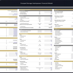 May include: A financial model titled "Pumped Storage Hydropower Financial Model" with a dark background and white text. The model includes sections for assumptions, costs, and revenue projections. The document is designed for financial analysis.