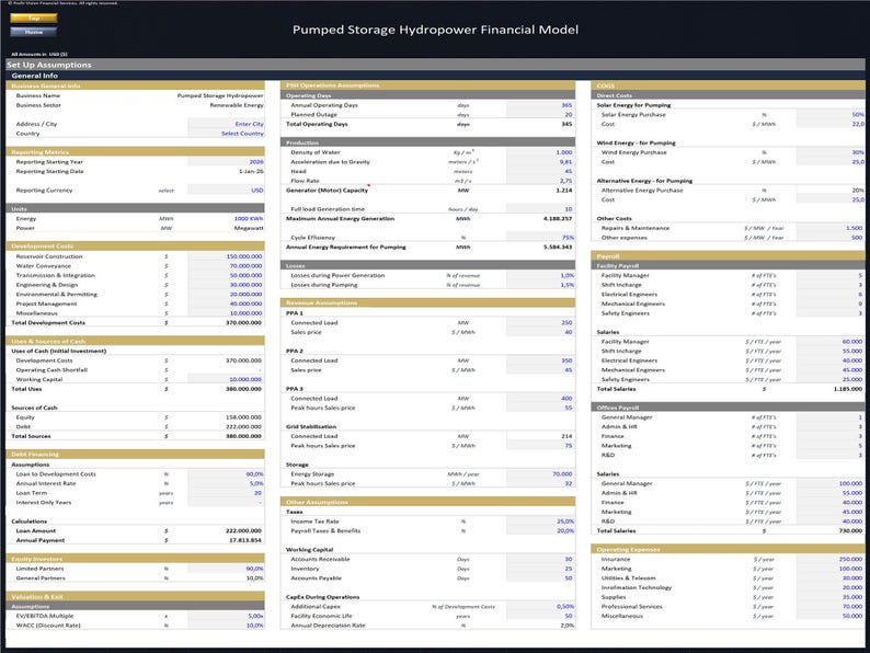 May include: A financial model titled "Pumped Storage Hydropower Financial Model" with a dark background and white text. The model includes sections for assumptions, costs, and revenue projections. The document is designed for financial analysis.