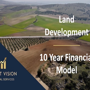 Könnte beinhalten: Luftaufnahme einer ländlichen Landschaft mit einem Feld voller Feldfrüchte. Der Textüberlagerung lautet "Land Development 10 Year Financial Model" und ein Logo für Profit Vision Financial Services.