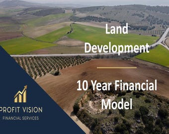 May include: Aerial view of a rural landscape with a field of crops. Text overlay reads "Land Development 10 Year Financial Model" and a logo for Profit Vision Financial Services.