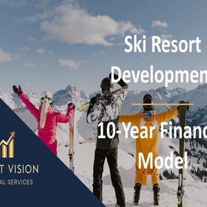 Könnte beinhalten: Drei Personen stehen mit Skiern auf einem verschneiten Berggipfel und tragen eine leuchtend pinke Jacke, eine schwarz-weiß gemusterte Jacke und einen gelben Overall. Der Text lautet Ski Resort Development 10-Year Financial Model und Profit Vision.