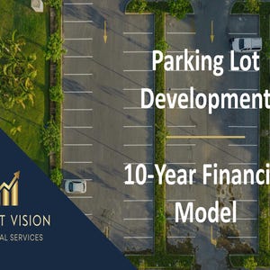 Könnte beinhalten: Eine Luftaufnahme eines Parkplatzes mit dem Text "Parking Lot Development" und "10-Year Financial Model". Das Logo von Profit Vision Financial Services befindet sich unten links. Mehrere Autos parken auf dem Parkplatz.
