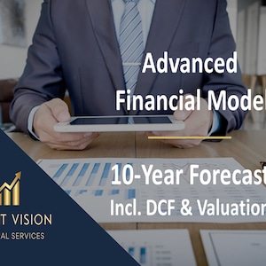 May include: A businessman in a suit sits at a desk with a tablet in his hands. The text on the screen reads "Advanced Financial Model 10-Year Forecast Incl. DCF & Valuation". The image is a business-themed image.
