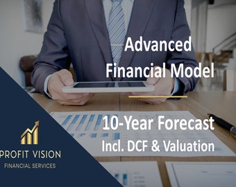 Könnte beinhalten: Ein Geschäftsmann im Anzug sitzt an einem Schreibtisch mit einem Tablet in den Händen. Der Text auf dem Bildschirm lautet "Advanced Financial Model 10-Year Forecast Incl. DCF & Valuation". Das Bild ist ein Geschäftsbild.