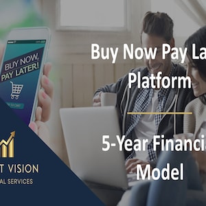 Pode incluir: Imagem que promove um serviço financeiro. Um smartphone exibe "Buy Now, Pay Later!" com um ícone de carrinho de compras. O texto "Buy Now Pay Later Platform" e "5-Year Financial Model" também são visíveis. Há um logotipo da "Profit Vision Financial Services".
