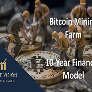 Puede incluir: Un modelo financiero de 10 años para una granja de minería de Bitcoin. La imagen muestra un grupo de figuras en miniatura trabajando en una gran moneda de oro con un símbolo de Bitcoin. El texto "Bitcoin Mining Farm" y "10-Year Financial Model" se muestra en la imagen.