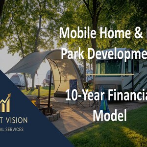 Könnte beinhalten: Ein Wohnmobil auf einem Campingplatz mit einem Zelt und Bäumen. Der Text auf dem Bild lautet "Mobile Home & RV Park Development" und "10-Year Financial Model". Das Logo von Profit Vision Financial Services ist ebenfalls sichtbar.