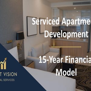 Puede incluir: Vista interior de un apartamento con servicios moderno. La imagen muestra una sala de estar con un sofá, obras de arte y una pequeña cocina. El texto en la imagen dice "Serviced Apartments Development" y "15-Year Financial Model."