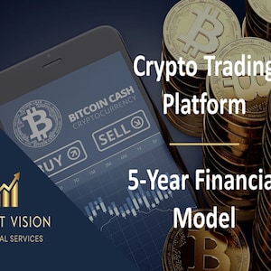 May include: Image promoting a crypto trading platform and financial services. A smartphone displays a Bitcoin Cash cryptocurrency interface. Stacks of gold Bitcoin coins are in the background. Text includes "Crypto Trading Platform" and "5-Year Financial Model."