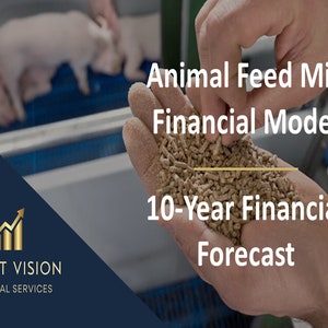 Könnte beinhalten: Eine Hand hält einen Haufen brauner Tierfutterpellets. Der Text "Animal Feed Mill Financial Model 10-Year Financial Forecast" wird auf einem blauen Hintergrund mit einem goldenen Logo für Profit Vision Financial Services angezeigt.