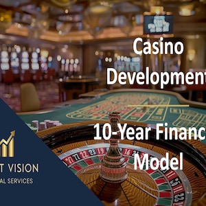 Könnte beinhalten: Ein Casino-Roulette-Rad mit dem Text "Casino Development 10-Year Financial Model". Das Logo von Profit Vision Financial Services ist zu sehen. Der Hintergrund zeigt ein Casino.