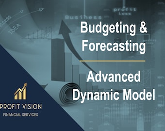 May include: A blue and green graphic with a gold arrow pointing up. The text "Budgeting & Forecasting" is in white with a gold line underneath. The text "Advanced Dynamic Model" is in white below the line. The text "PROFIT VISION FINANCIAL SERVICES" is in gold at the bottom left.