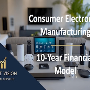 May include: A collection of consumer electronics, such as speakers, a tablet, and a mouse, are displayed on a white surface. The image features the text "Consumer Electronics Manufacturing 10-Year Financial Model" and the Profit Vision Financial Services logo.
