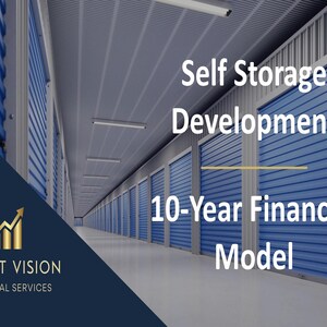 May include: A row of blue self storage units with the text "Self Storage Development 10-Year Financial Model" in gold lettering. The image is from Profit Vision Financial Services.