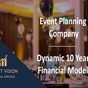 May include: A blue and gold graphic with the text "Profit Vision Financial Services" and an upward-facing arrow. The graphic is overlaid on a blurry image of a banquet hall with black balloons and a table setting. The text "Event Planning Company" and "Dynamic 10 Year Financial Model" is also visible.