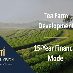 Könnte beinhalten: Ein digitales Dokumenten-Cover mit einer grünen Teeplantage und Reihen von Teesträuchern. Der Text lautet Tea Farm Development 15-Year Financial Model. Eine dunkelblaue Ecke enthält ein goldenes Logo mit einem Pfeil und Profit Vision Financial Services.