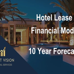 May include: A blue and gold graphic with the text "Hotel Lease Financial Model 10 Year Forecast" and the logo "Profit Vision Financial Services". The graphic features a nighttime image of a hotel with a pool and fountains.