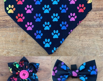 Paw Print Bandanas, Colourful Print, LGBTQ Bandana, Personalised Bandanas , Bow Ties, Collar Flowers, Slide on Collar, Accessories for Dogs.