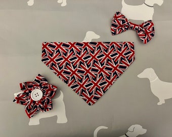 Union Jack Dog Bandanas, Union Jack  Bow Ties & Union Jack Flowers, Queens Jubliee dog  accessories, Cat Bandana, Pet Bandana