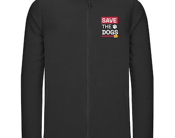 May include: A black full-zip fleece jacket with a high collar and long sleeves. On the left chest, there is a graphic with the text "SAVE THE DOGS" in white, a white paw print icon, and a small yellow "UK" box, all set against a red background.