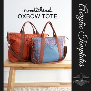 May include: Two tote bags, one orange and one blue, with quilted fabric and brown leather accents. The bags are sitting on a wooden table. The text "noodlehead OXBOW TOTE" is written above the bags. The text "Acrylic Templates" is written on the right side of the image.