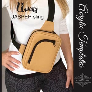 May include: A tan-colored Jasper sling bag with a black strap and zipper details. The bag is worn across the body. The text "Unikatz JASPER sling" is visible on the upper left. The right side of the image has the text "Acrylic Templates".