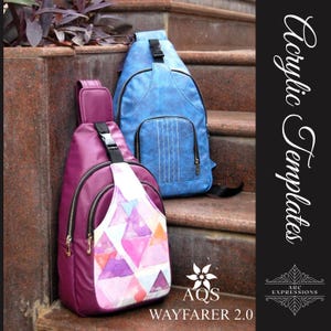 May include: Two sling bags, one blue and one purple with a pink and white geometric pattern. The bags are made of faux leather and have adjustable straps. The text "WAYFARER 2.0" is visible at the bottom of the image.