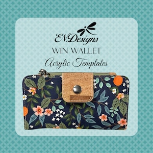 Peut inclure: Un portefeuille en tissu floral bleu et vert avec un accent en liège et une fermeture à glissière. Le portefeuille porte le texte "ENDesigns WIN WALLET Acrylic Templates" sur un fond bleu clair.
