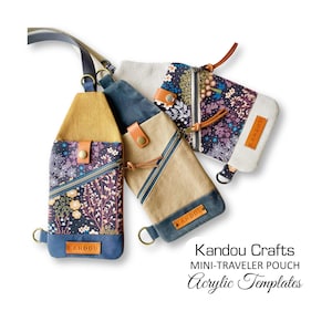 May include: Three mini-traveler pouches with floral fabric and a zipper closure. The pouches are made of canvas and have a brown leather strap and a metal ring. The pouches are labeled "KANDOU" and are for sale as acrylic templates.