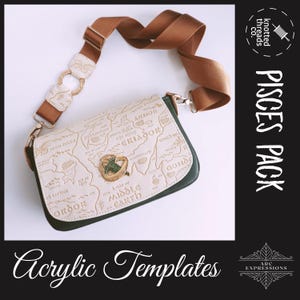 May include: A white and green crossbody bag with a map of Middle Earth printed on the front. The bag has a brown strap and a gold metal clasp. The bag is labeled "Pisces Pack" and "Acrylic Templates".