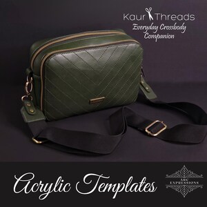 May include: Green crossbody bag with a chevron pattern and gold-tone zippers. The bag has a black adjustable strap and a small gold-tone logo. The text "Kaur Threads Everyday Crossbody Companion" is visible. The words "Acrylic Templates" are also visible.