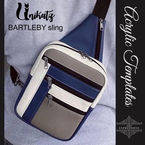 May include: A Bartleby sling bag with a blue, white, and gray color scheme. The bag has multiple zippered compartments and a black strap. The Unikatz logo is visible at the top left.