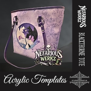 May include: A purple tote bag with a dragon graphic. The bag features a map-like design and purple straps. The graphic on the front depicts a white and black dragon. The bag has silver metal rings and the text "Nefarious Werkz Blackthorne Tote".