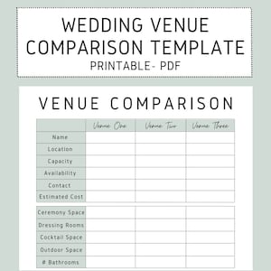 会場比較印刷可能 - 結婚式の計画 - イベント計画 - 会場チェックリスト - 結婚式の業者トラッカー - 結婚式のチェックリスト - PDF レター A4
