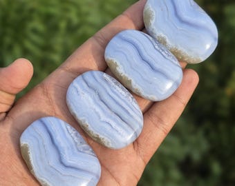 Blue Lace Agate Palm Stone, Polished Chalcedony Worry Stone, Calming Crystal, Stress Relief