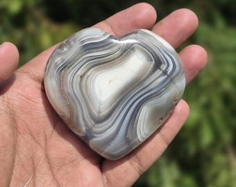 Botswana Agate Heart: Polished Banded Crystal Carving, Healing Gift