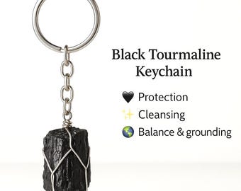 Black Tourmaline Keychain Natural Raw Crystal Protection Cleansing Healing Stone Amulet Spiritual Gift