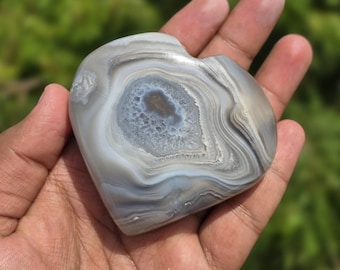 Botswana Agate Heart: Polished Banded Crystal Carving, Healing Gift