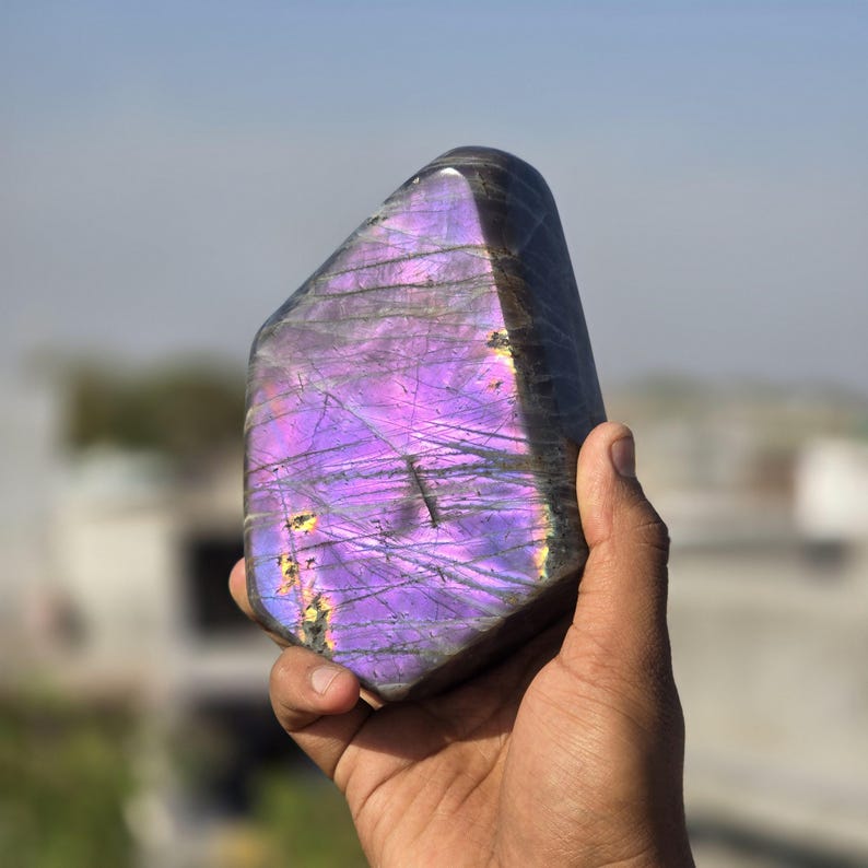 Puede incluir: Una gran piedra preciosa de labradorita pulida con vibrantes destellos iridiscentes p&uacute;rpuras y dorados. La piedra tiene una parte superior lisa y redondeada y una base natural rugosa. La piedra preciosa se sostiene en una mano contra un fondo borroso al aire libre.