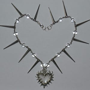 TRAPPED LOVE necklace - with long punky spike beads and hand made heart pendant with soldering spikes