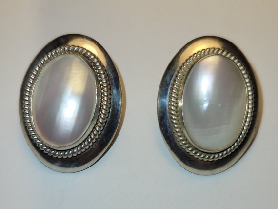 WJ Mother of Pearl and Sterling Silver Oval Earri… - image 1