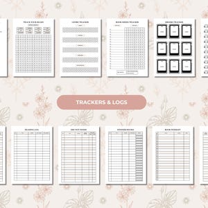 May include: A collection of printable book trackers and logs, including yearly reading, genre, and audiobook trackers. The pages are white with black text and graphics, and the title "Trackers & Logs" is in a pink oval.